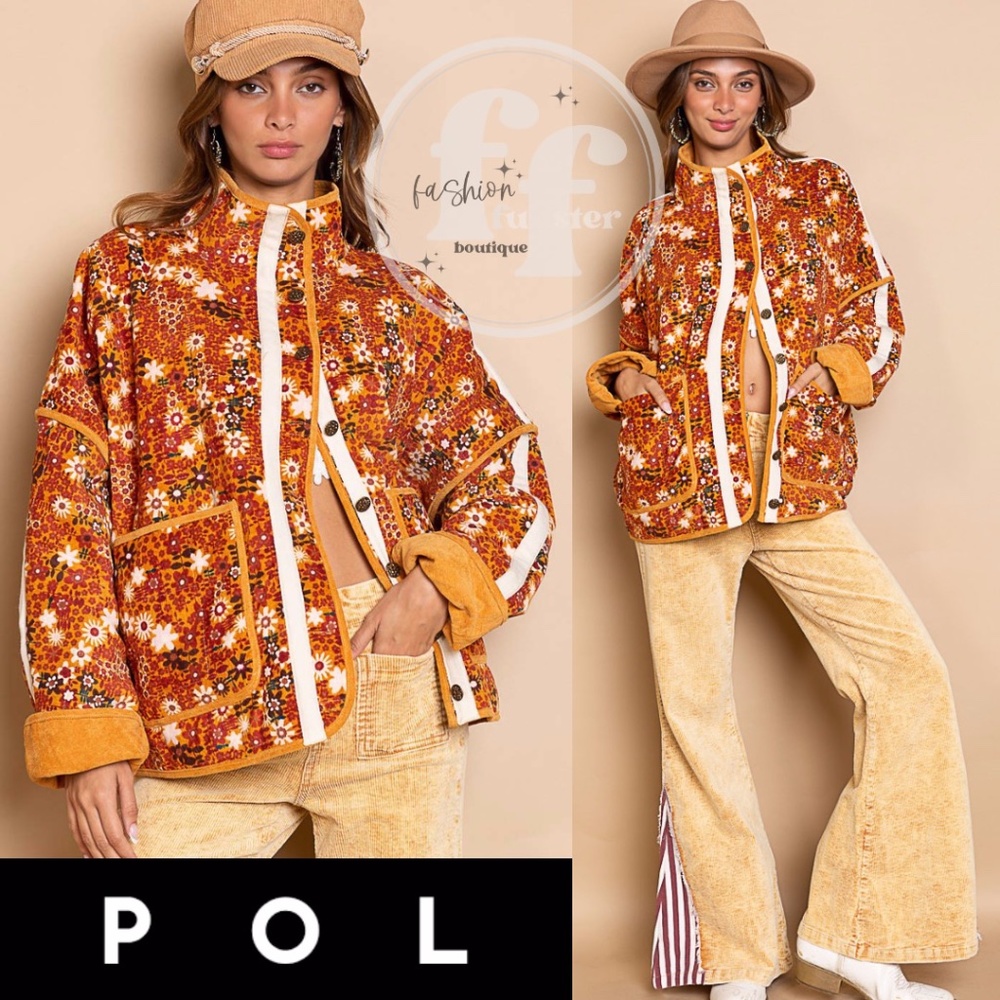 POL Retro Boho Vintage Style Ditsy Fall Floral Quilted Corduroy Jacket Coat